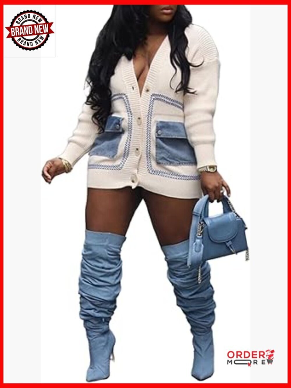 Oversized V-Neck Cardigan with Denim Pockets, Long Sleeve Winter Sweater
